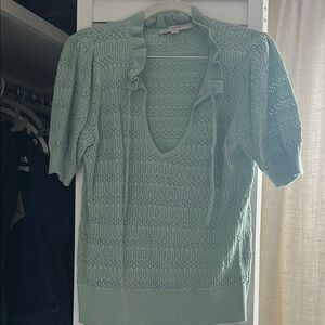 LOFT Light Green Knit Blouse with Ruffle Collar